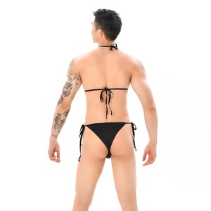 Conjunto de bikini para hombre, traje de baño elástico con cordones y cuello halter, color negro, 2 piezas - Product Image 5