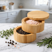 GL grosir kotak penyimpan bambu 2 tingkat, teh bambu bulat garam bumbu dan Lada dengan tutup putar magnetik untuk dapur