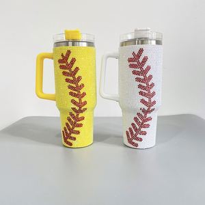 Rhinestone With Handle Lid and Straw Baseball Print <b>Thermos</b> <b>Bottle</b> Cup Custom LogoBulk Outdoor Camping 40Oz Tumbler - Product Image 1