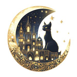 Design mystique du Ramadan avec une lune croissante dorée, un château enchanté avec des lumières douces et un chat mystérieux sur une perchoir - Product Image 3