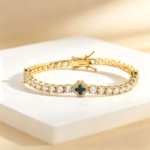 Bracciale Tennis Quadrifoglio in Argento Sterling 925 Placcato Oro 18K con Malachite Verde, Onice Nero e Zirconi Iced Out - Gioiello Portafortuna - Product Image 2