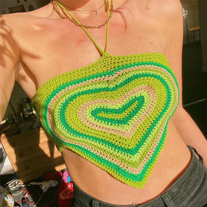 Sexy Backless Handmade Halter Pink Halter Green Heart Y2K Women Love Crochet <strong>Top</strong> - Product Image 2