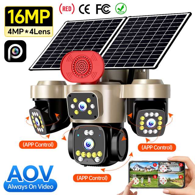 Project Grade 16MP 4 Lens AOV Solar Security Camera 24/7 Recording IP66 Outdoor PTZ CCTV System for Industrial & Villa Estate