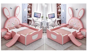 Cartoon Pink Bunny Guardrail <b>Slide</b> <b>Bed</b> 1.2m Solid Wood Cotton Upholstery Comfortable Modern Design Girls Princess Bedroom - Product Image 5