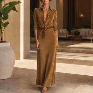 Abito Lungo da Donna Personalizzato in Camoscio Marrone con <span class=keywords><strong>Colletto</strong></span> e Cintura, Elegante per Ufficio, Stile Old Money, Vendita all'Ingrosso OEM - Product Image 4