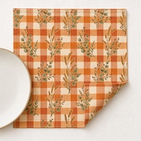 Serviette en lin et coton personnalisée imprimée 45x45cm |   Automne, terre cuite, gingham et motifs botaniques |   Impression numérique en gros