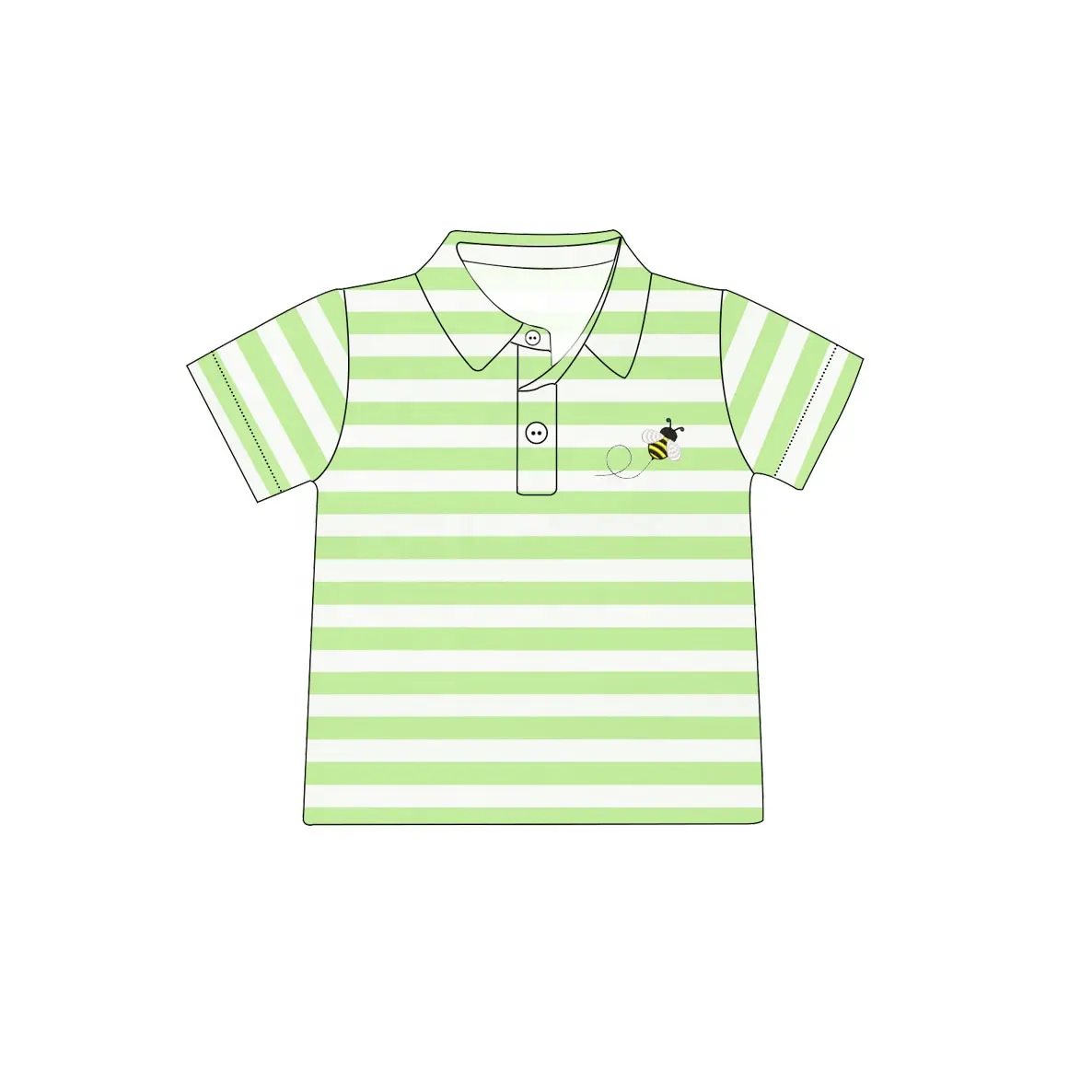 Puresun camisa de manga curta para crianças, camisa infantil bordada, verde, listrada, de algodão, para meninos, com abelha