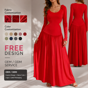 Abito lungo da donna personalizzato in tessuto rosso con scollo a V, maniche lunghe, corpetto arricciato, taglio laterale in vita e linea ad A fluida, perfetto per feste - Product Image 1