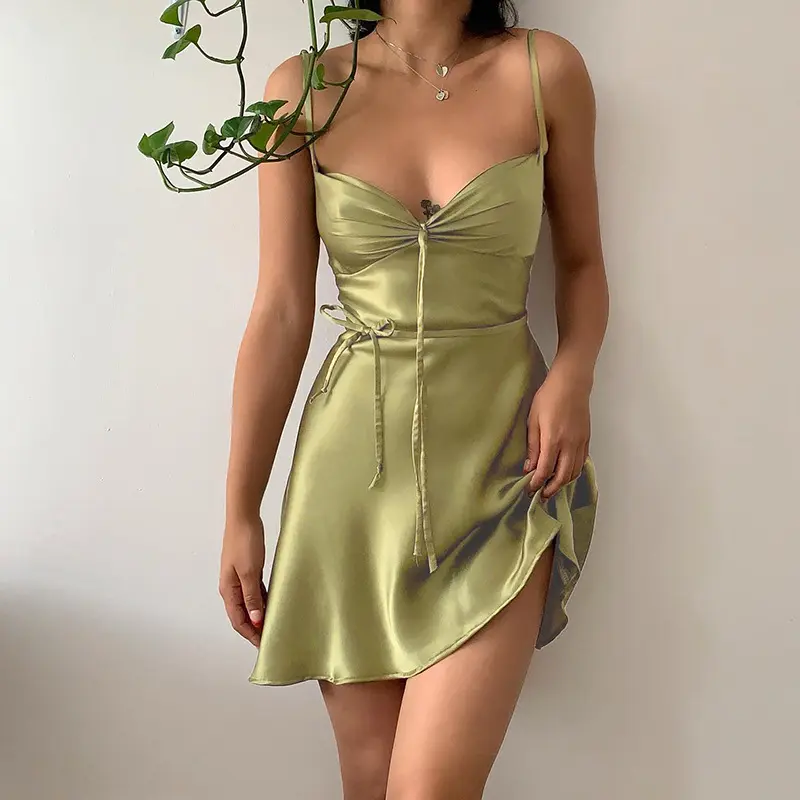 Vestido corto femenino de satén con tirantes finos para primavera y verano, minivestido Sexy atado con espalda descubierta