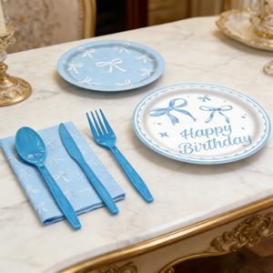 640419 Kit per Festa <span class=keywords><strong>di</strong></span> <span class=keywords><strong>Compleanno</strong></span> Azzurro: Elegante Set <span class=keywords><strong>di</strong></span> Stoviglie a Tema Fiocco per Baby Shower o Compleanni - Product Image 3