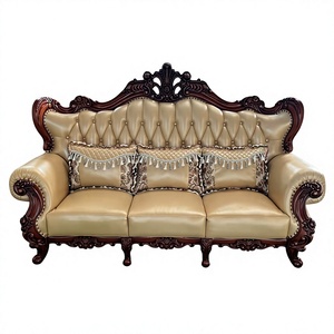 Juego de Sofás de Cuero Europeo de Lujo 1+2+3, Diseño Retro de Piel de Vacuno de Primera Calidad para Sala de Estar de Villa Americana de Madera Maciza, Venta al Por Mayor - Product Image 1