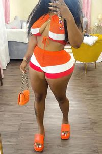 Shorts a righe arancioni in maglia a maglia con stile arancione set in due pezzi da donna con lacci senza maniche Top corto senza schienale + Shorts outfit - Product Image 6