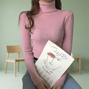 ZOKI 2023 Women's Pullover Turtleneck Sweater Autumn Long Sleeve Slim Elastic Korean Basic Jumper Solid Pink One Size New Cheap - Product Image 2