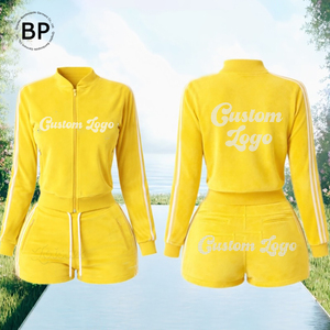 Completo da <span class=keywords><strong>donna</strong></span> in <span class=keywords><strong>velluto</strong></span> a due pezzi con giacca con zip e pantaloncini, design a righe a contrasto, all'ingrosso OEM - Product Image 2