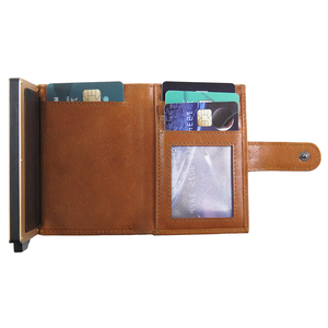 Genuine Leather Card Holder <b>Men</b> Short <b>Wallet</b> Aluminum <b>RFID</b> Blocking Multi-Card Position Snap Closure Minimalist Style - Product Image 5