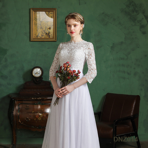 Lungo mezza manica a-line ragazze in pizzo elegante bianco semplice o-collo abito da <span class=keywords><strong>sposa</strong></span> civile abito da <span class=keywords><strong>sposa</strong></span> per le donne <span class=keywords><strong>sposa</strong></span> - Product Image 3