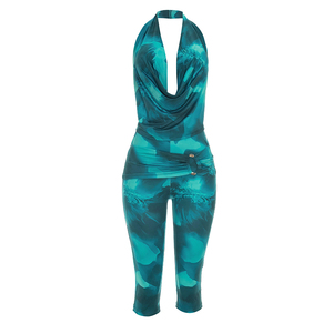 Viviblook J26ST138 Women Summer <b>Set</b> Sexy Mesh Straps Backless Halter Tank Top Cropped Pants Two Piece <b>Set</b> - Product Image 6