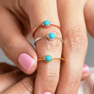 Simple one single stone ring 925 silver small blue turquoise ring jewelry