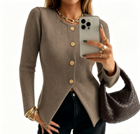 Damen Gerippter Strick-Cardigan mit Goldknöpfen Schmale Passform Langarm Offene Vorderseite Pullover für Herbst & Winter
