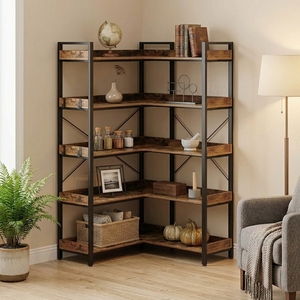 5-Tier Reversible <b>Corner</b> Bookshelf, Industrial Wood Bookcase with 4 Hooks & for Living Room Home Office - Product Image 1