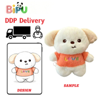 Peluche chien à oreilles tombantes blanches personnalisée en usine OEM, avec t-shirt brodé orange, en coton PP polaire, jouet en peluche super doux