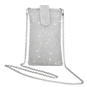 Metal mesh Small Crossbody Bag Cell Phone Purse Wallet, Bling Rhinestone Evening Handbags Clutch Purses for Women