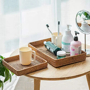 Plateau de rangement multi-compartiments en rotin, organisateur polyvalent, plateau ajustable en bambou pour couverts, idéal pour la salle de bain - Product Image 5