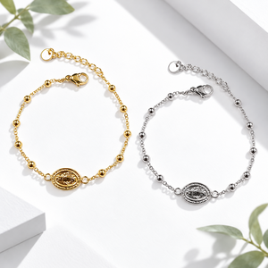 <b>Beaded</b> Charm <b>Bracelet</b>, Stainless Steel, 14K Gold Vacuum Plated, Gold and <b>Silver</b> Color Options - Product Image 1