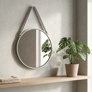 <span class=keywords><strong>Specchio</strong></span> Rotondo di Lusso ad Alta Definizione con Cinghia in Pelle PU e Cornice in Metallo per Arredamento Casa - Product Image 1