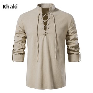<span class=keywords><strong>Camisa</strong></span> Henley de Manga Larga de <span class=keywords><strong>Lino</strong></span> y Algodón para Hombre 2025, Estilo Hippie Casual de Playa con Cuello Alto, Nueva Llegada en <span class=keywords><strong>Amazon</strong></span>, Talla Europea - Product Image 6