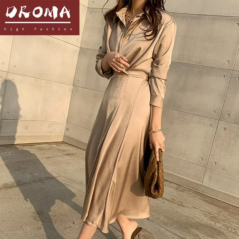 Droma-Vestido camisero largo para mujer, a la moda vestido elegante, con cuello vuelto, color liso, para primavera, 2021