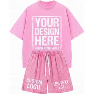 <b>Pink</b> Washed <b>Men's</b> Summer T-<b>Shirt</b> and Shorts Set Custom Print Casual Two-Piece Streetwear 100% Cotton - Product Image 1