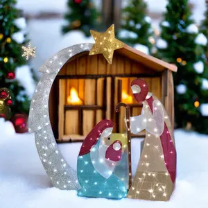 Manger 72 inci patung Natal Keluarga suci LED, mainan dekorasi liburan menyala dalam kain dan keramik untuk hadiah