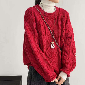 Pull d'hiver pour femmes, couleur unie, tricot torsadé, col rond, coupe ample, anti-rides - Product Image 4