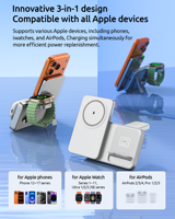 Support de charge sans fil rapide multifonction 3 en 1 portable avec logo personnalisé en gros, chargeur sans fil pliable 3 en 1 pour téléphone 15W