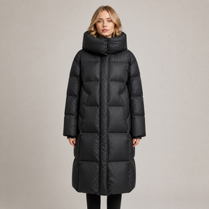 Manteau long en duvet noir unisexe pour femme avec capuche, fermeture éclair, imperméable, en polyester épais, coupe droite, style minimaliste - Product Image 1