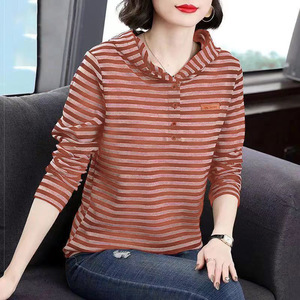 Women's Striped Long Sleeve T-Shirt Stand Collar Loose Fit Autumn Base Layer Hooded Design Inner Wear Plus Size - Product Image 2