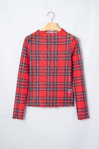 Wholesale New Hot Spring Autumn <strong>Women</strong> Plaid Print Long Sleeve Mock Neck <strong>Top</strong> Slim Fit Casual Pullover Mesh Layering Base Blouse - Product Image 2