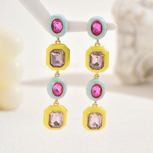 Fashionable Geometric Drop <b>Earrings</b> With Pink And Clear Stones For Party Wear Stainless Steel Ear <b>Posts</b> EH5001 - Product Image 3
