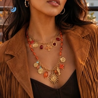 Collar de cadena con colgante de cuentas rojas ámbar vintage SUMMLY, de acero inoxidable, con dijes de sol, corazón y pez, joyería de moda para mujer
