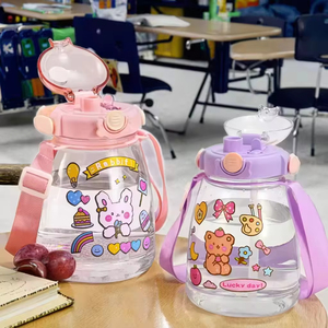 New Kids <b>Sports</b> <b>Water</b> <b>Bottle</b> with Buckle Handle Shoulder Strap Food Grade Durable Plastic Straw for Kindergarten Primary School - Product Image 1