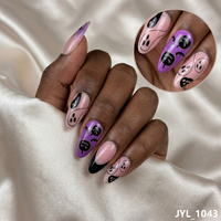 Faux ongles à presser en gros pour Halloween, forme amande, motif fantôme et citrouille, violet et rose, étiquette privée, vente en gros