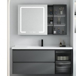 Wall Mounted <b>Bathroom</b> Vanity <b>Grey</b> Solid Wood <b>Cabinet</b> One Piece Ceramic Basin With LED <b>Mirror</b> - Product Image 3