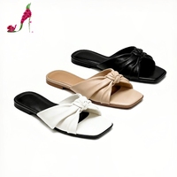 Sandales plates à nœud pour femmes, style preppy, à enfiler, minimalistes, pour le quotidien, à bout carré, en PU souple, chaussures d'été