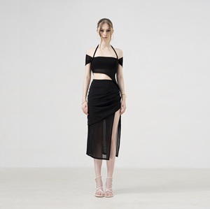 Falda envolvente de malla con abertura, nueva colección, cintura envolvente, posición del logotipo, Color negro, malla transparente, mezcla mínima de algodón, ropa de mujer - Product Image 3