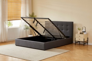 Letto Moderno Imbottito con Contenitore Idraulico, Testiera Trapuntata in Tessuto Grigio Scuro, Misura King/Queen - Product Image 2