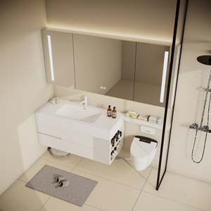 Mobile Bagno con Lavabo Singolo da 56 Pollici e Oltre, Stile Minimalista Elegante, Lavabo Integrato in Pietra Ingegnerizzata - Product Image 5