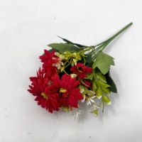 Buket Bunga Pemakaman Buatan, Bunga Daisy Merah Campuran dengan Tanaman Hijau untuk Dekorasi Pemakaman