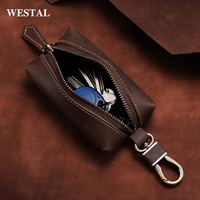 Porte-clés en cuir véritable Crazy Horse vintage pour homme Westal, étui à fermeture éclair, porte-clés de voiture, housse de protection pour clés de voiture