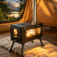 Poêle de tente pliable en acier au carbone avec triple vitrage pour une vue sur les flammes, idéal pour le camping, la cuisson et le chauffage en extérieur